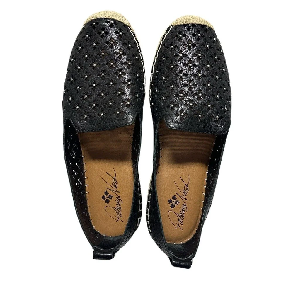 NEW Patricia Nash Womens Size 8 Black Leather Elena Perforated Espadrille Flats